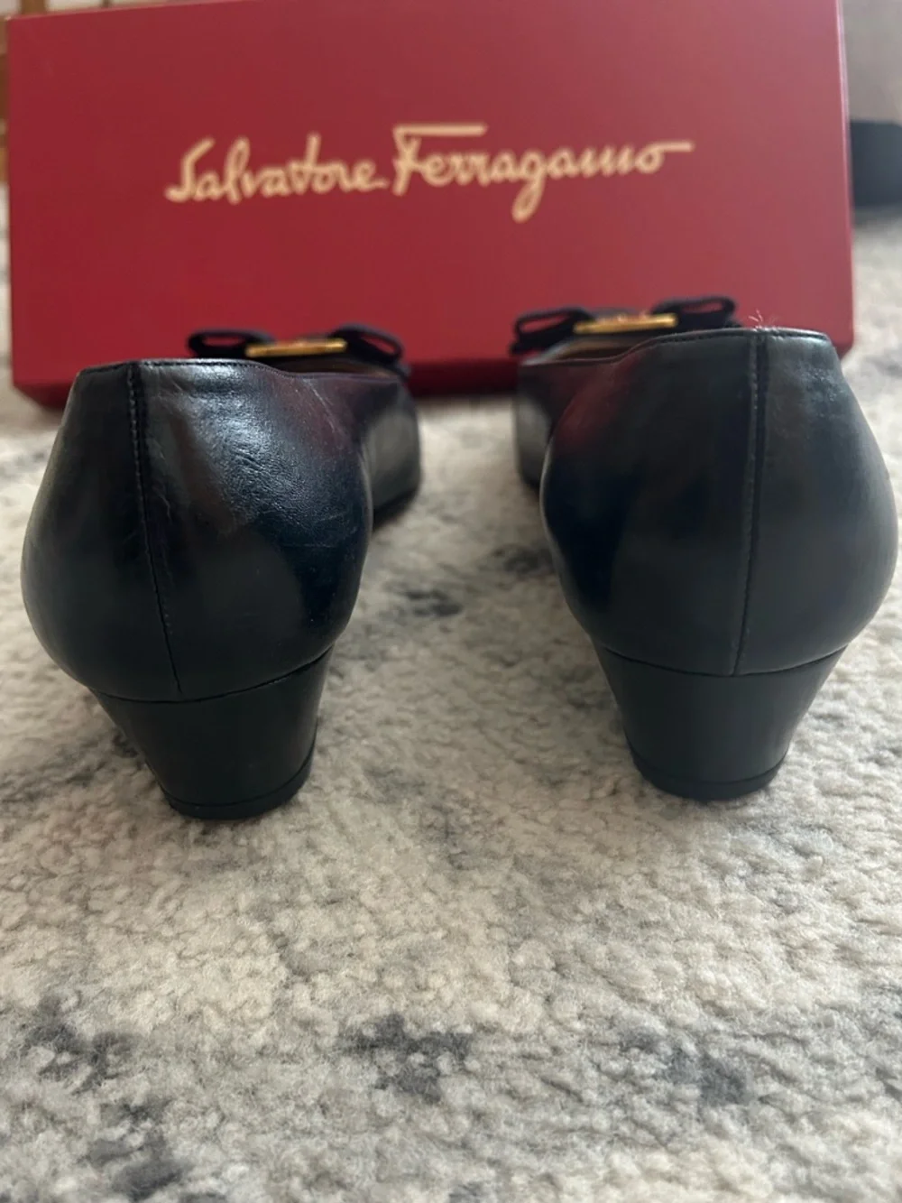 Salvatore Ferragamo Black Leather Vara Bow Pumps with Gold Buckle - Picture 7 of 10